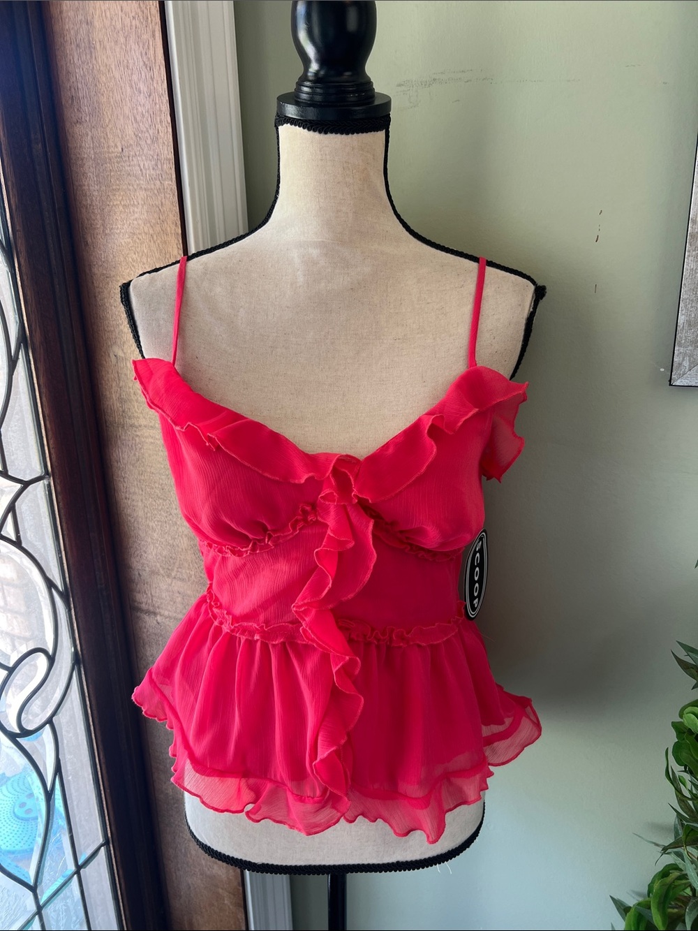Ruffled V-Neck Spaghetti Strap Camisole - Hot Pink
